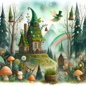 Foresta magica di San Patrizio - Pacchetto di clipart, download digitale, file digitali, stravagante, fiabesca, fantasy, folletto, arcobaleno