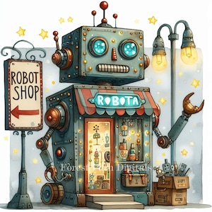 以下が含まれることがあります： ロボットショップの気まぐれなイラスト。ショップは「Robot Shop」と書かれた看板と赤い矢印が付いたロボットとして設計されています。ショップのオーニングには「ROBOTA」と書かれています。ロボットにはさまざまなアイテムが詰まったショーウィンドウがあります。ロボットの腕は、3つのライトが付いた街灯を持っています。
