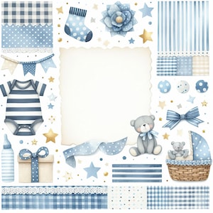 Babypojke Calicopapper - Clip Art-paket, digital nedladdning, barnrum, nyfödd, nallebjörn, babyshower, utskrivbara scrapbook-designer