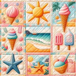 May include: A colorful quilt featuring summer-themed squares. The squares depict ice cream cones, a sun, a beach scene with a sailboat, popsicles, seashells, and a starfish. The quilt has a quilted texture with a variety of pastel colors.