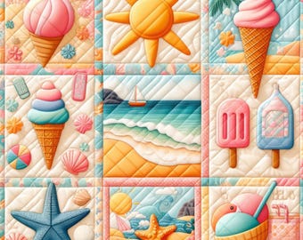 Summer Quilt - Digital Clip Art Bundle, Wall Art, Crafting, Shabby Chic, Vintage, Quilt Square, Patchwork, Beach, Sun, Fruit, Ice Cream