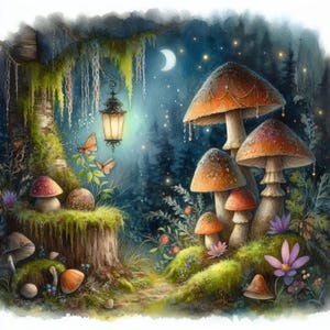 Könnte beinhalten: Eine fantasievolle Waldszene mit leuchtenden Pilzen und einer Laterne, die an einem Baumzweig hängt. Die Pilze sind in verschiedenen Orangetönen und Braun gehalten, einige haben weiße Flecken. Die Laterne ist warmgelb und wirft einen sanften Schein auf die Umgebung. Die Szene spielt vor dem Hintergrund von dunkelgrünen Bäumen und einem sternenklaren Nachthimmel.