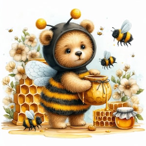 Peut inclure: Illustration à l'aquarelle d'un ours en peluche déguisé en abeille, tenant un pot de miel. L'ours porte une tenue rayée noire et jaune avec des antennes. Des abeilles et un rayon de miel sont également présents dans l'image, avec des fleurs.