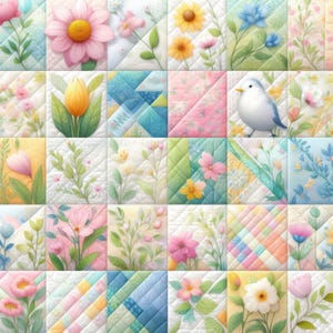 May include: A patchwork quilt featuring a variety of floral designs in pastel colors. Each square showcases a different flower, including daisies, tulips, and other blooms, with a quilted texture. The quilt has a soft, inviting aesthetic.