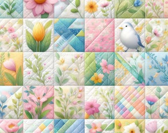 Spring Quilt - Digital Clip Art Bundle, Wall Art, Craft, Shabby Chic, Vintage, Quilt Square, Patchwork, Easter, Flowers, Pastel, Bird, Bunny