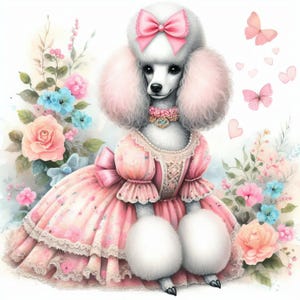 May include: A watercolor illustration of a white poodle wearing a pink dress with lace trim and a matching bow. The poodle is adorned with a jeweled collar and surrounded by pink roses, blue flowers, and butterflies. The overall theme is elegant and whimsical.