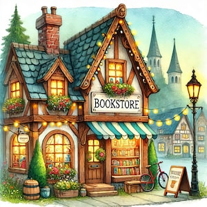 以下が含まれることがあります： ストライプのひさし、BOOKSTOREと書かれた看板、本でいっぱいのショーウィンドウが特徴の、魅力的な書店。建物は電飾と鉢植えの植物で飾られており、居心地がよくて魅力的な雰囲気を作り出しています。