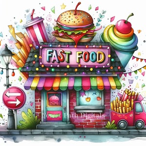 Pode incluir: Uma ilustração de desenho animado de um restaurante de comida rápida com um caminhão vermelho, batatas fritas, um hambúrguer, um milk-shake e uma placa que diz "FAST FOOD".