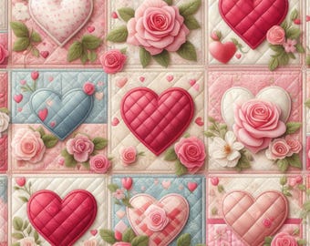 Valentine's Day Quilt - Digital Clip Art Bundle, Wall Art, Crafting, Shabby Chic, Vintage, Quilt Square, Hearts, Patchwork, Roses, Red, Pink