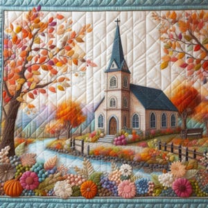 May include: A quilted wall hanging showing a church in an autumnal scene. The church has a tall spire and is set amongst trees with orange and red leaves. A river flows in front, with colourful flowers and pumpkins in the foreground.