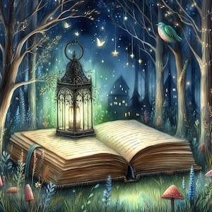 Forêt de livres magiques - lot de cliparts, téléchargement numérique, fichiers numériques, fantaisiste, arbre, village, lecture, conte de fées, lune, champignons, étoiles
