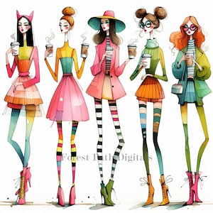 Couture Coffee Date - Clip Art Bundle, Digital Download, Digital Files, Whimsical, Friends, Fashion, Girl, Coffee House, Restaurant, Models
