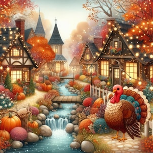 May include: An autumnal village scene with houses decorated with fairy lights, pumpkins, and colourful fall leaves. A turkey stands near a white picket fence. A stream flows through the village, enhancing the idyllic setting.