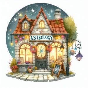 Village Astrology Shop - Clip Art-bundel downloaden, digitale bestanden, grillig, sprookjesachtig, fantasie, dierenriem, horoscoop, stad, oceaan