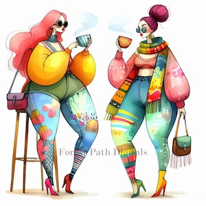Date de café tout en courbes - lot de cliparts, téléchargement numérique, fichiers numériques, fantaisiste, amis, mode, fille, café, restaurant, modèles