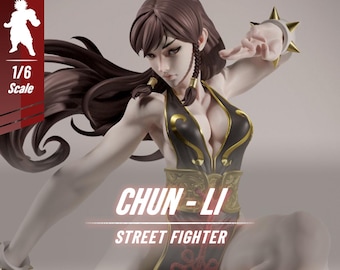 May include: A detailed figure of Chun-Li from Street Fighter, in a dynamic pose. The figure is 1/6 scale and features a black and gold outfit. The text "CHUN-LI STREET FIGHTER" is visible. The figure is ready to paint.