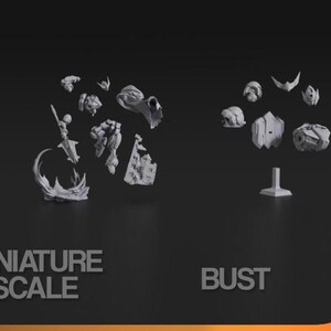 May include: A selection of unassembled miniature figurines and bust components, possibly for tabletop gaming or model building. The image shows various detailed pieces, including figures, architectural elements, and bust parts, all in a neutral grey colour.