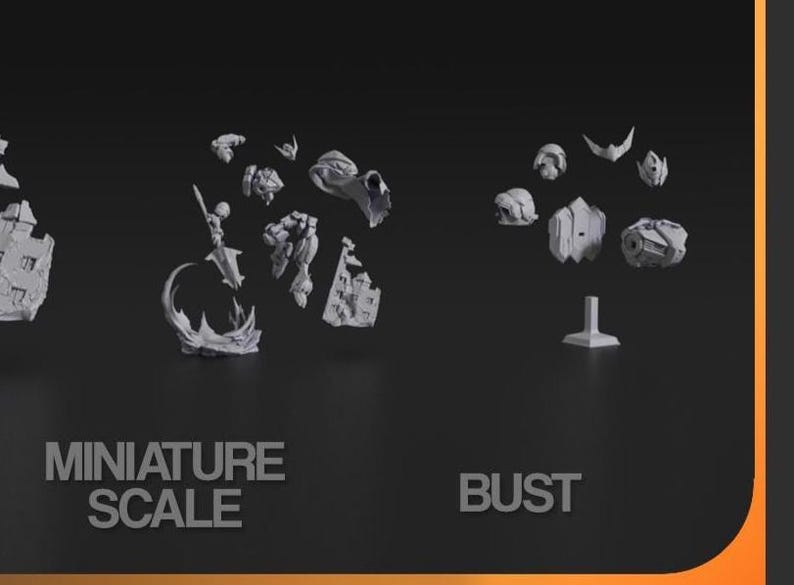 May include: A selection of unassembled miniature figurines and bust components, possibly for tabletop gaming or model building. The image shows various detailed pieces, including figures, architectural elements, and bust parts, all in a neutral grey colour.