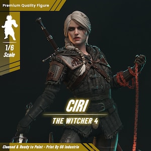 May include: A detailed figure of Ciri from The Witcher 4, a premium quality collectible. The figure is 1/6 scale and features Ciri in a battle-ready pose, with a sword and red rope. The figure is ready to paint.