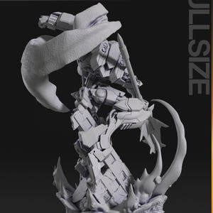 Figurine 3D à peindre du Gundam Barbatos de Mobile Suit Gundam Iron-Blooded Orphans, sculpture en résine représentant le mecha en pose de combat dynamique brandissant sa masse d'armes caractéristique, cape rouge flottante, posé sur un socle de ruines avec effets d'impact, armure grise et bleue aux détails angulaires, statue de collection garage kit créée par le sculpteur bulkamancer