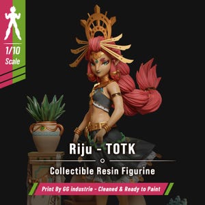 May include: A 1/10 scale resin figurine of Riju from TOTK, featuring a character with long pink hair, a gold headpiece, and dark clothing. The figure stands next to a potted plant on a pedestal. Text on the image reads Riju - TOTK Collectible Resin Figurine.