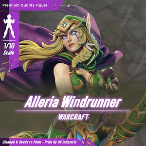 May include: A detailed figure of Alleria Windrunner from Warcraft, with a green and gold outfit, blonde hair, and a purple cape. The figure is labelled as 1/10 scale and "Premium Quality". The text "Alleria Windrunner" and "Warcraft" are also visible.