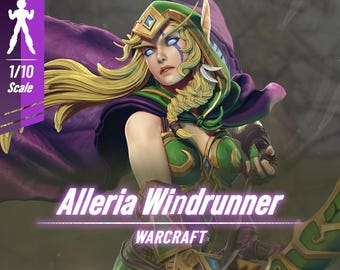 May include: A detailed figure of Alleria Windrunner from Warcraft, featuring a green and gold outfit, blonde hair, and a purple cape. The figure is labeled as 1/10 scale and "Premium Quality". The text "Alleria Windrunner" and "Warcraft" are also visible.