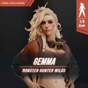 May include: A detailed figure of Gemma from Monster Hunter Wilds, in 1/8 scale. The figure features a blonde-haired woman wearing a brown and black jacket, with goggles around her neck. The text "GEMMA" and "MONSTER HUNTER WILDS" are displayed.