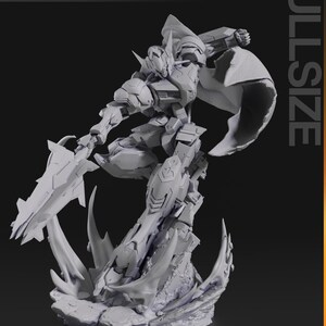 Figurine 3D à peindre du Gundam Barbatos de Mobile Suit Gundam Iron-Blooded Orphans, sculpture en résine représentant le mecha en pose de combat dynamique brandissant sa masse d'armes caractéristique, cape rouge flottante, posé sur un socle de ruines avec effets d'impact, armure grise et bleue aux détails angulaires, statue de collection garage kit créée par le sculpteur bulkamancer