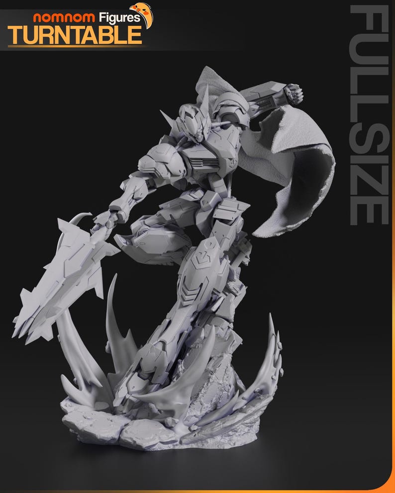 Figurine 3D à peindre du Gundam Barbatos de Mobile Suit Gundam Iron-Blooded Orphans, sculpture en résine représentant le mecha en pose de combat dynamique brandissant sa masse d'armes caractéristique, cape rouge flottante, posé sur un socle de ruines avec effets d'impact, armure grise et bleue aux détails angulaires, statue de collection garage kit créée par le sculpteur bulkamancer