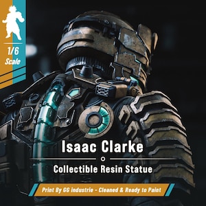 Puede incluir: Una estatua coleccionable de resina a escala 1/6 de Isaac Clarke con un traje mecánico detallado de placas de bronce desgastado y metal oscuro, con luces de color turquesa brillante a lo largo de la columna vertebral y una pieza circular en el pecho.