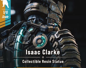 May include: A 1/6 scale collectible resin statue of Isaac Clarke featuring a detailed mechanical suit with weathered bronze and dark metallic plating, glowing teal light accents along the spine and circular chest piece, and text reading Isaac Clarke Collectible Resin Statue.