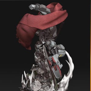 Figurine 3D à peindre du Gundam Barbatos de Mobile Suit Gundam Iron-Blooded Orphans, sculpture en résine représentant le mecha en pose de combat dynamique brandissant sa masse d'armes caractéristique, cape rouge flottante, posé sur un socle de ruines avec effets d'impact, armure grise et bleue aux détails angulaires, statue de collection garage kit créée par le sculpteur bulkamancer