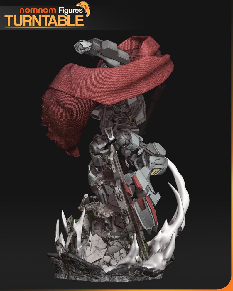Figurine 3D à peindre du Gundam Barbatos de Mobile Suit Gundam Iron-Blooded Orphans, sculpture en résine représentant le mecha en pose de combat dynamique brandissant sa masse d'armes caractéristique, cape rouge flottante, posé sur un socle de ruines avec effets d'impact, armure grise et bleue aux détails angulaires, statue de collection garage kit créée par le sculpteur bulkamancer