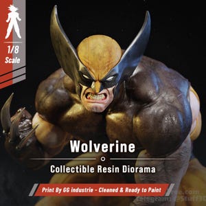 Może przedstawiać: Diorama z żywicy w skali 1/8 przedstawiająca Wolverine'a w żółto-brązowym kostiumie z czarną maską, wyszczerzonymi zębami i wysuniętymi metalowymi pazurami. Tekst głosi Wolverine, Collectible Resin Diorama, Print By GG industrie - Cleaned & Ready to Paint.