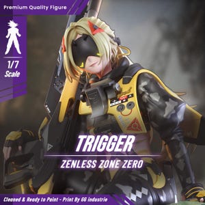 Puede incluir: Figura detallada de un personaje femenino de "Zenless Zone Zero" llamado Trigger. La figura está en una pose dinámica, vistiendo un atuendo táctico amarillo y negro. La figura es a escala 1/7 e incluye el texto "Premium Quality Figure".