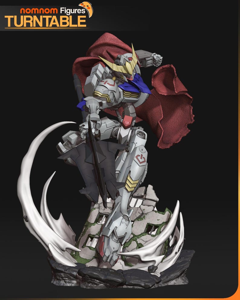 Figurine 3D à peindre du Gundam Barbatos de Mobile Suit Gundam Iron-Blooded Orphans, sculpture en résine représentant le mecha en pose de combat dynamique brandissant sa masse d'armes caractéristique, cape rouge flottante, posé sur un socle de ruines avec effets d'impact, armure grise et bleue aux détails angulaires, statue de collection garage kit créée par le sculpteur bulkamancer