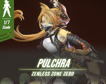 Könnte beinhalten: Detaillierte 1:7-Figur einer Figur aus Zenless Zone Zero, mit der Bezeichnung "Pulchra". Die Figur zeigt einen Charakter mit katzenartigen Ohren, einer Maske und einer dynamischen Pose. Die Figur ist bereit zum Bemalen.
