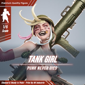 May include: A 1/6 scale figure of a woman with blonde and pink hair, wearing a military helmet and holding a rocket launcher. The figure is labeled "Tank Girl" with the text "Punk Never Dies". The figure is a premium quality product.