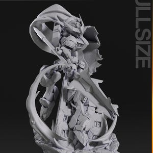 Figurine 3D à peindre du Gundam Barbatos de Mobile Suit Gundam Iron-Blooded Orphans, sculpture en résine représentant le mecha en pose de combat dynamique brandissant sa masse d'armes caractéristique, cape rouge flottante, posé sur un socle de ruines avec effets d'impact, armure grise et bleue aux détails angulaires, statue de collection garage kit créée par le sculpteur bulkamancer