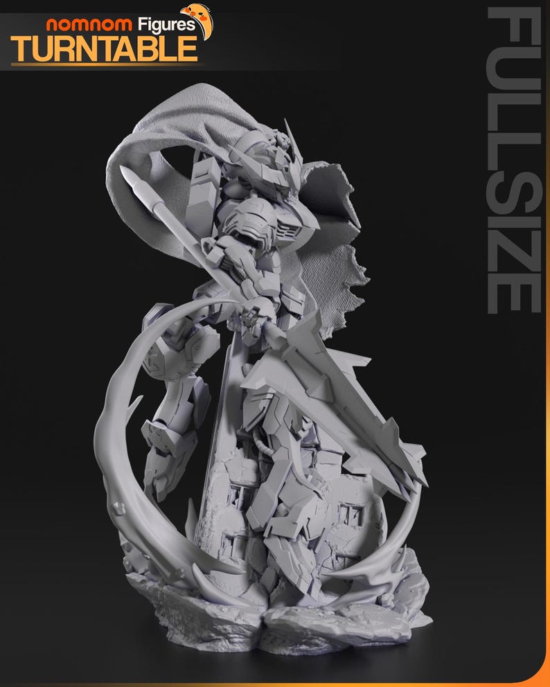 Figurine 3D à peindre du Gundam Barbatos de Mobile Suit Gundam Iron-Blooded Orphans, sculpture en résine représentant le mecha en pose de combat dynamique brandissant sa masse d'armes caractéristique, cape rouge flottante, posé sur un socle de ruines avec effets d'impact, armure grise et bleue aux détails angulaires, statue de collection garage kit créée par le sculpteur bulkamancer