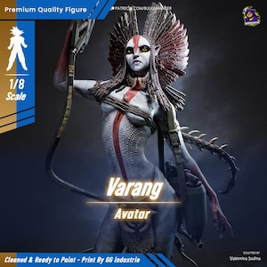 Pode incluir: Figura detalhada de um personagem Avatar Varang, com pele azul e branca e marcas vermelhas. A figura segura uma arma e tem um cocar de penas. O texto na figura diz "Varang Avatar" e "1/8 Scale".