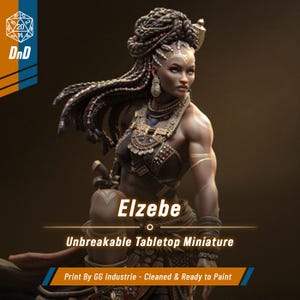 Peut inclure: Miniature de table détaillée d'une guerrière nommée Elzebe. Elle a la peau foncée, des cheveux tressés complexes et est ornée de bijoux. La miniature porte une tenue détaillée et est prête à être peinte. Le texte sur l'image dit "Unbreakable Tabletop Miniature".
