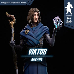 May include: Viktor, a character from the Arcane series, is shown wearing a blue and gold outfit, holding a glowing orb in one hand and a staff in the other. The image is labelled "Viktor Arcane" and "1/4 Scale".
