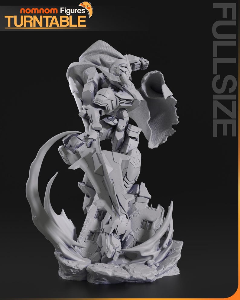 Figurine 3D à peindre du Gundam Barbatos de Mobile Suit Gundam Iron-Blooded Orphans, sculpture en résine représentant le mecha en pose de combat dynamique brandissant sa masse d'armes caractéristique, cape rouge flottante, posé sur un socle de ruines avec effets d'impact, armure grise et bleue aux détails angulaires, statue de collection garage kit créée par le sculpteur bulkamancer