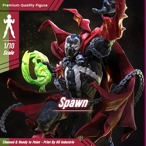 Peut inclure: Figurine d'action détaillée de Spawn, avec une cape rouge et une armure complexe. La figurine est noire et blanche avec des accents verts, tenant un orbe d'énergie verte. Le texte "Spawn" est visible sur la base, et la figurine est à l'échelle 1/10.