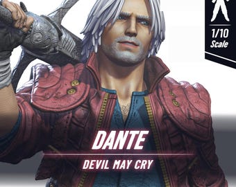 May include: A close-up of a red and black figure of Dante from the Devil May Cry video game series. The figure is holding a sword and has white hair. The text "Dante" and "Devil May Cry" are visible below the figure. The text "1/10 Scale" is visible in the upper right corner of the image.