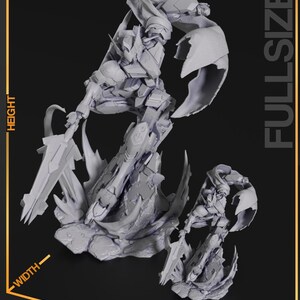 Figurine 3D à peindre du Gundam Barbatos de Mobile Suit Gundam Iron-Blooded Orphans, sculpture en résine représentant le mecha en pose de combat dynamique brandissant sa masse d'armes caractéristique, cape rouge flottante, posé sur un socle de ruines avec effets d'impact, armure grise et bleue aux détails angulaires, statue de collection garage kit créée par le sculpteur bulkamancer