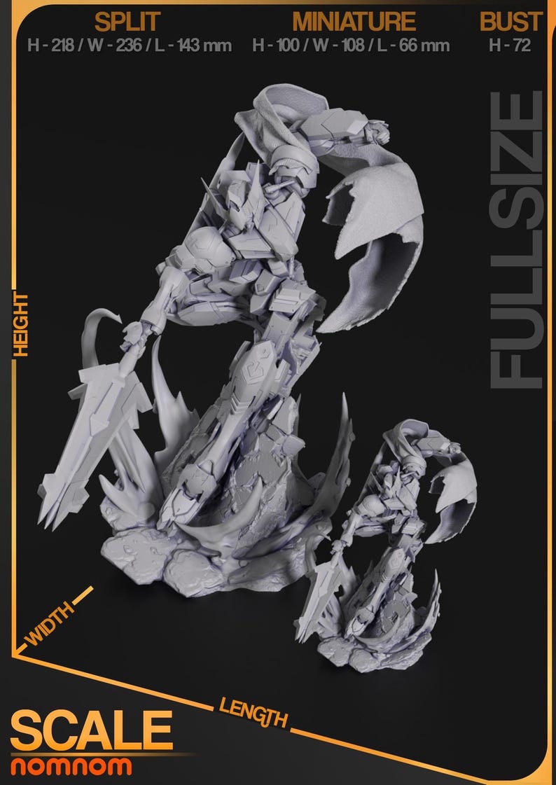 Figurine 3D à peindre du Gundam Barbatos de Mobile Suit Gundam Iron-Blooded Orphans, sculpture en résine représentant le mecha en pose de combat dynamique brandissant sa masse d'armes caractéristique, cape rouge flottante, posé sur un socle de ruines avec effets d'impact, armure grise et bleue aux détails angulaires, statue de collection garage kit créée par le sculpteur bulkamancer