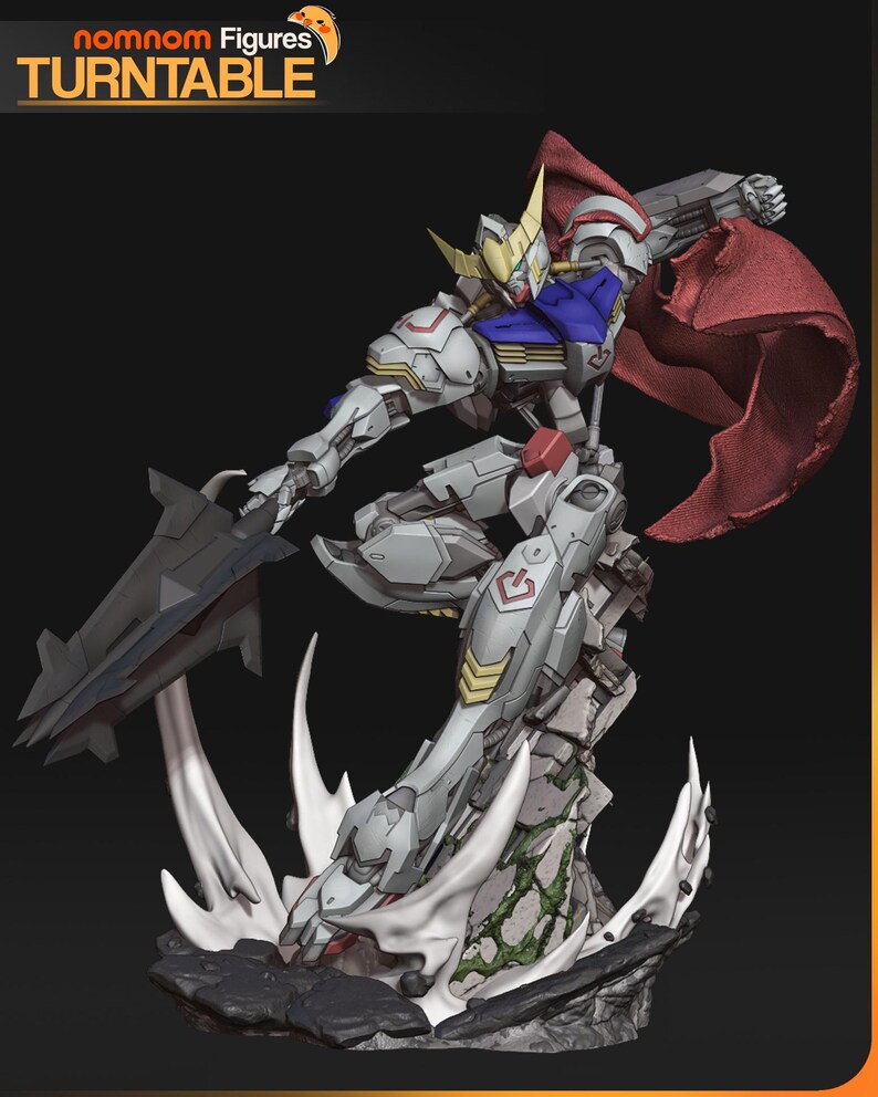 Figurine 3D à peindre du Gundam Barbatos de Mobile Suit Gundam Iron-Blooded Orphans, sculpture en résine représentant le mecha en pose de combat dynamique brandissant sa masse d'armes caractéristique, cape rouge flottante, posé sur un socle de ruines avec effets d'impact, armure grise et bleue aux détails angulaires, statue de collection garage kit créée par le sculpteur bulkamancer